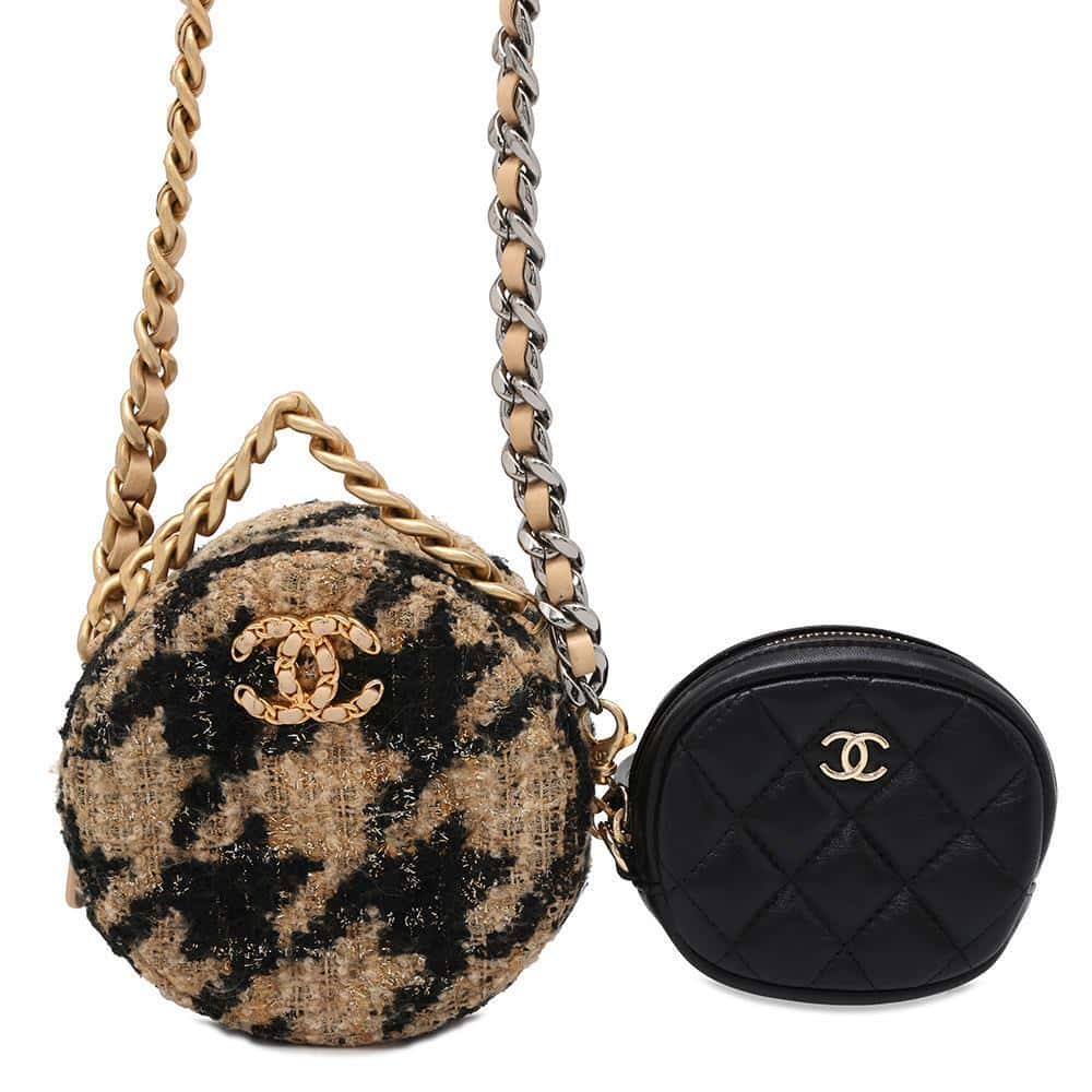 CHANEL CHANEL19 Round Chain Shoulder Bag Beige/Black Tweed Leather