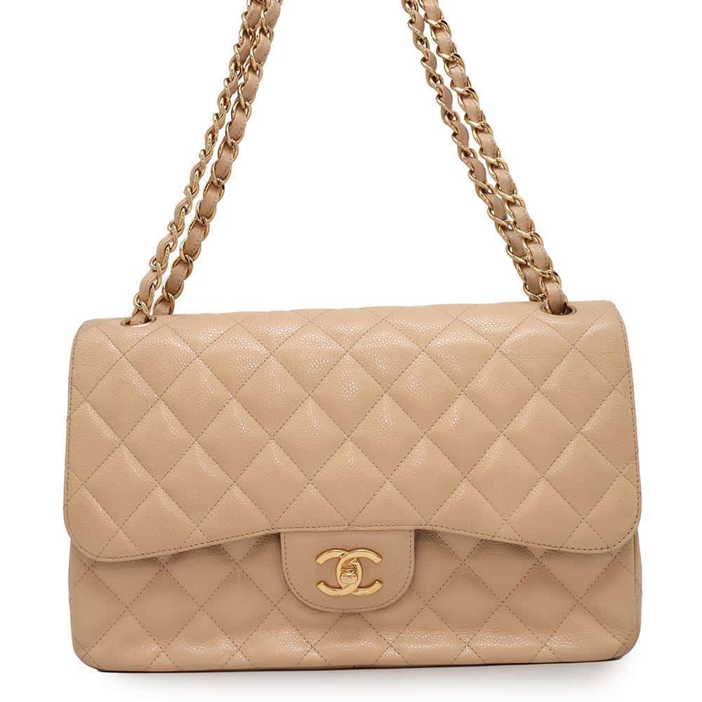 CHANEL Matelasse Double Flap ChainShoulder Bag Beige Caviar Leather