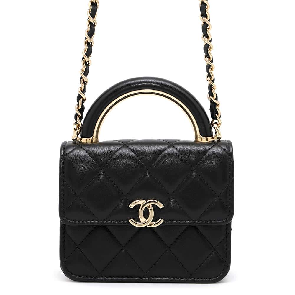 CHANEL Matelasse Top Handle Chain Shoulder Bag Black Lambskin