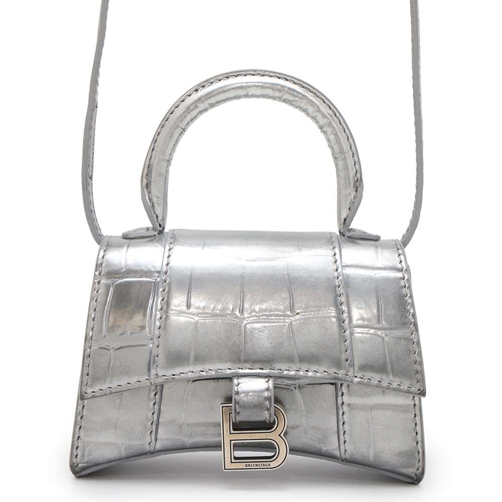 BALENCIAGA Hour glass Silver 637372 Embossed Leather Size Mini