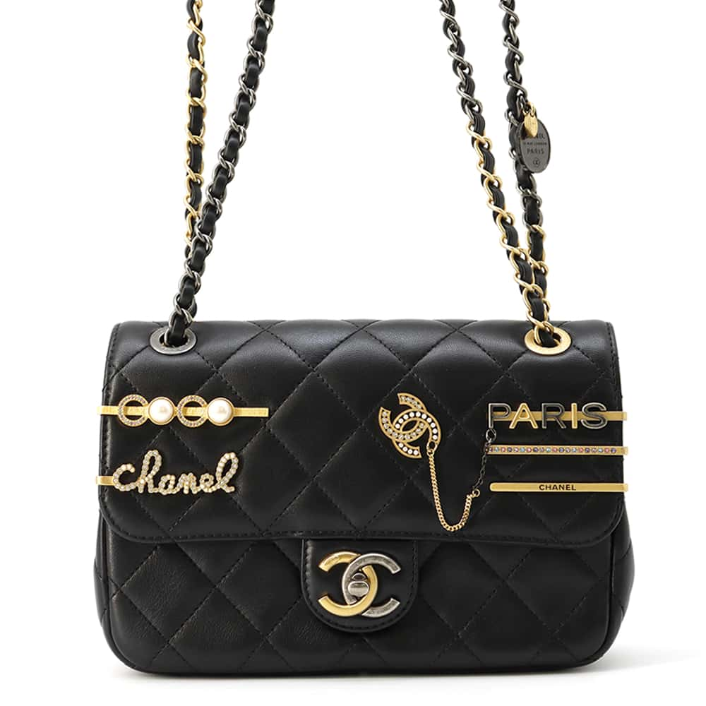 CHANEL Matelasse Bag Charm Single Flap Chain Shoulder Black AS2979 Lambskin