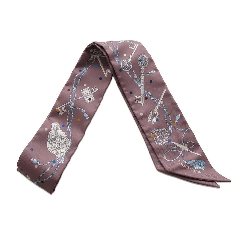 HERMES Twilly Les Cles a Pois Marron Glace/Grease/Blanc Silk 100%