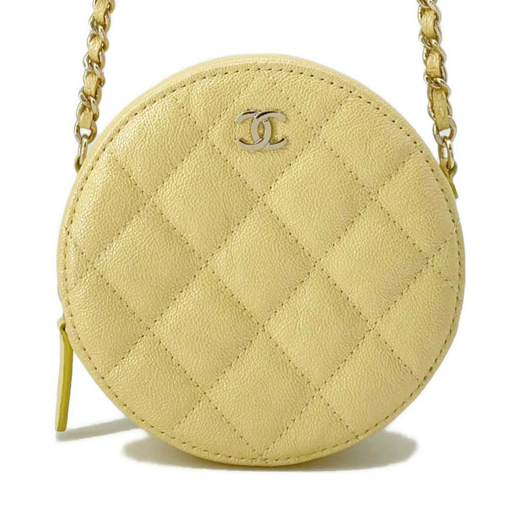 CHANEL Matelasse Round Chain Shoulder Yellow A70657 Caviar Leather