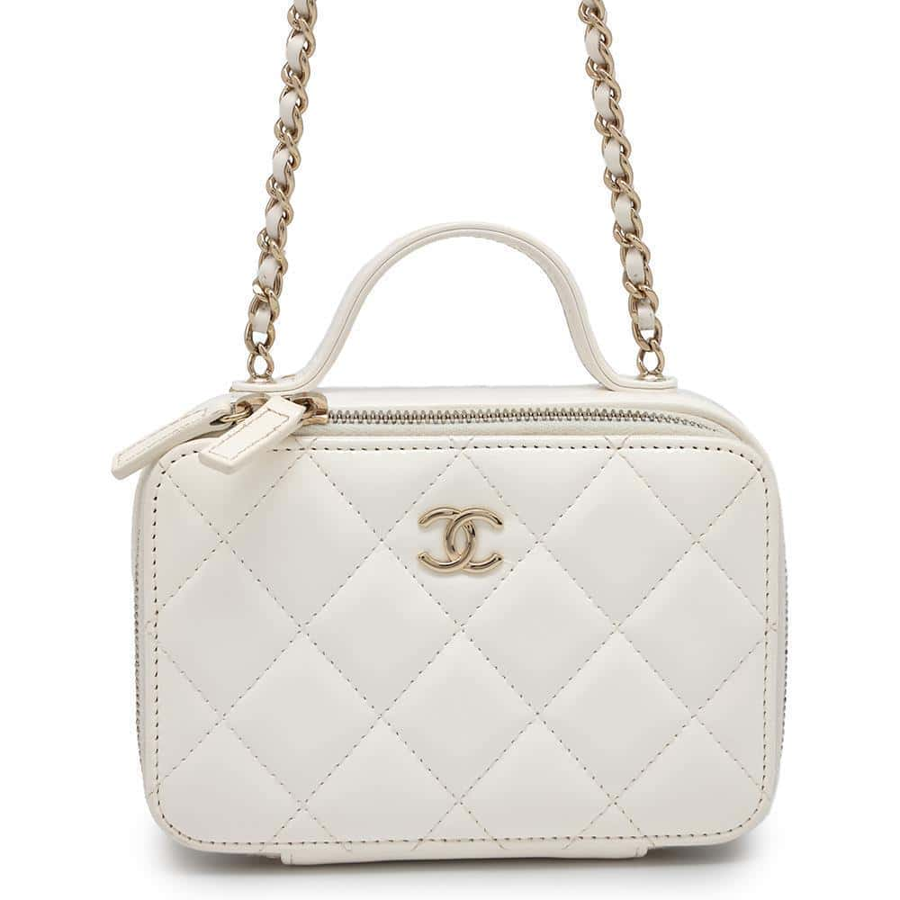 CHANEL Matelasse Top Handle Vanity Bag White AP2920 Shiny Calf Leather