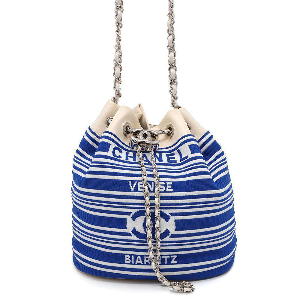 CHANEL Drawstring Bag ChainBag White/BlueAS0464 Leather Knit