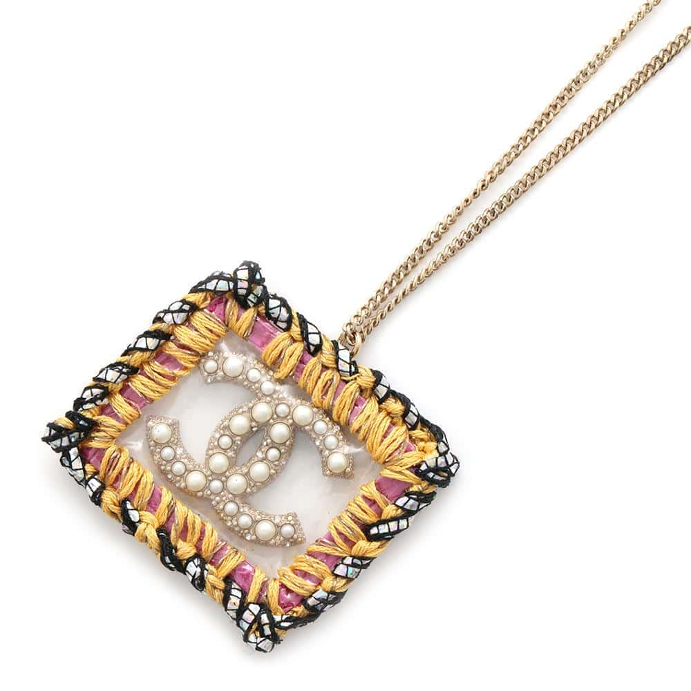 CHANEL Embroidery Faux Pearl CC LogoNecklace Gold Metal Faux Pearl