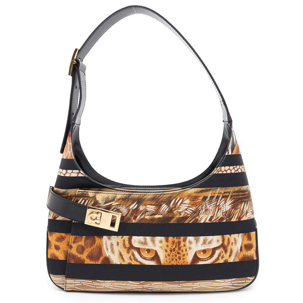 Ferragamo Leopard One Shoulder Bag Black/Brown Satin Leather