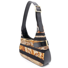 将图像加载到图库查看器中，Ferragamo Leopard One Shoulder Bag Black/Brown Satin Leather
