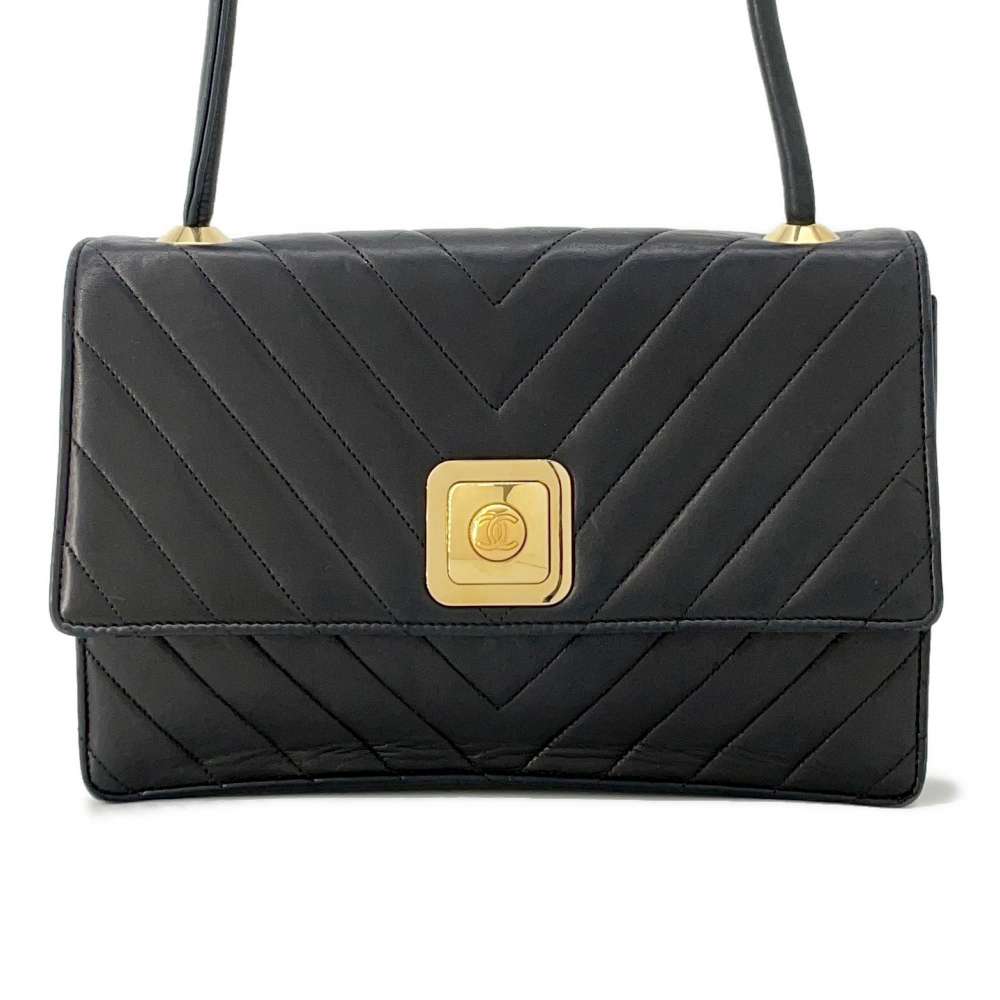 CHANEL Vintage Chevron Shoulder Bag Black Lambskin