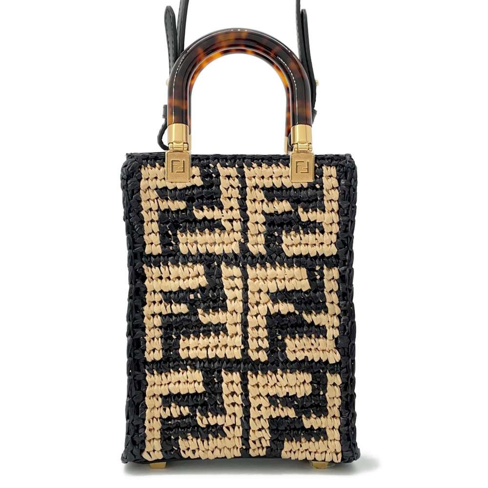 FENDI Sunshine shopper Black 8BS051 Raffia Leather