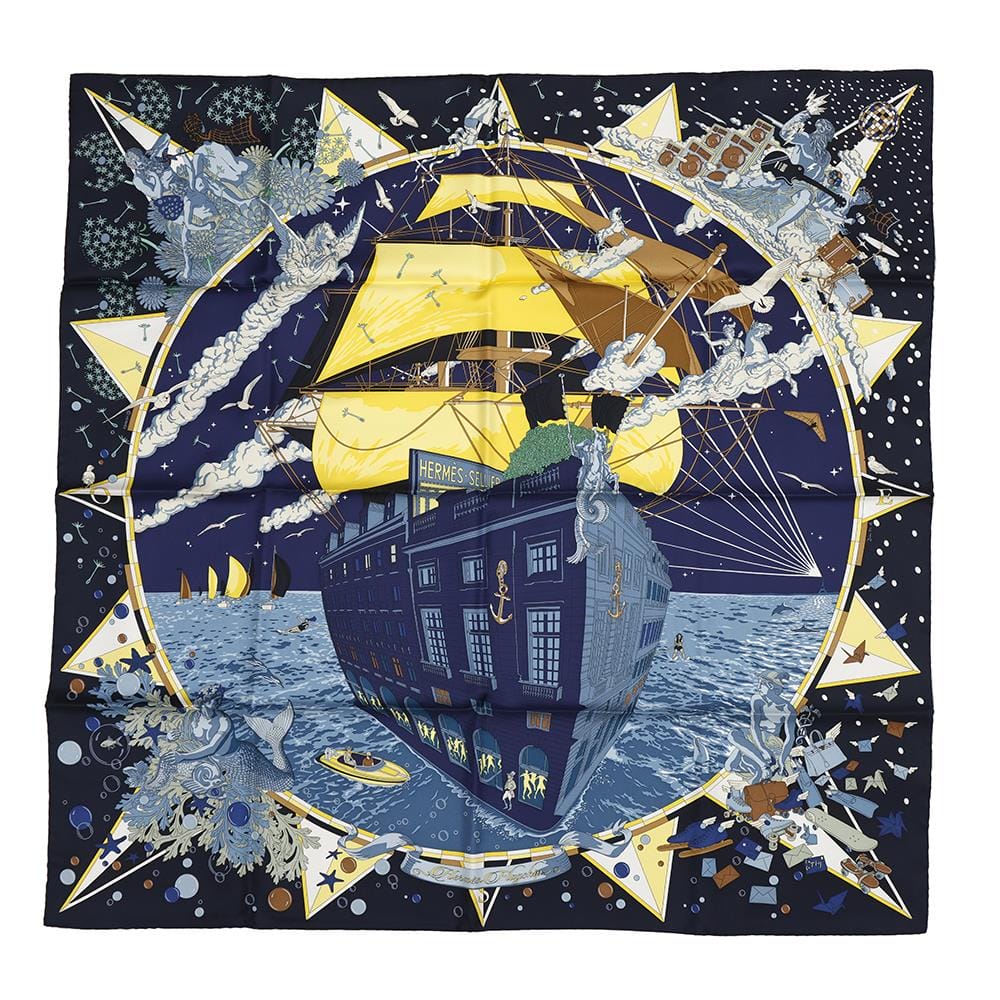 HERMES Carre Hermes Flagship HERMES Flagship Size 90 Marine Fonce/Jaune/Blue Jean Silk100%