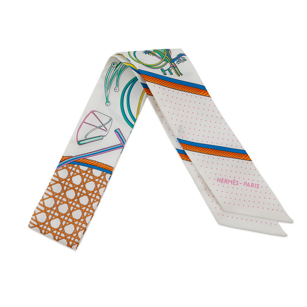 HERMES Scarf Twilly Folding Canopy Carriage LES VOITURES A TRANSFORMATION White/Orange/Vert Silk 100%