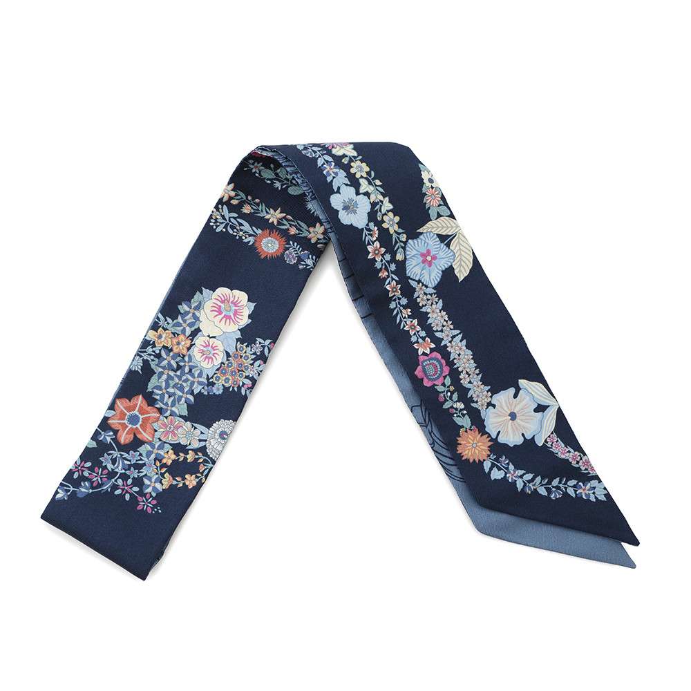 HERMES Twilly Brides de Gala en Fleurs Eyeliner Marine/Rose/Blue Jean Silk100%