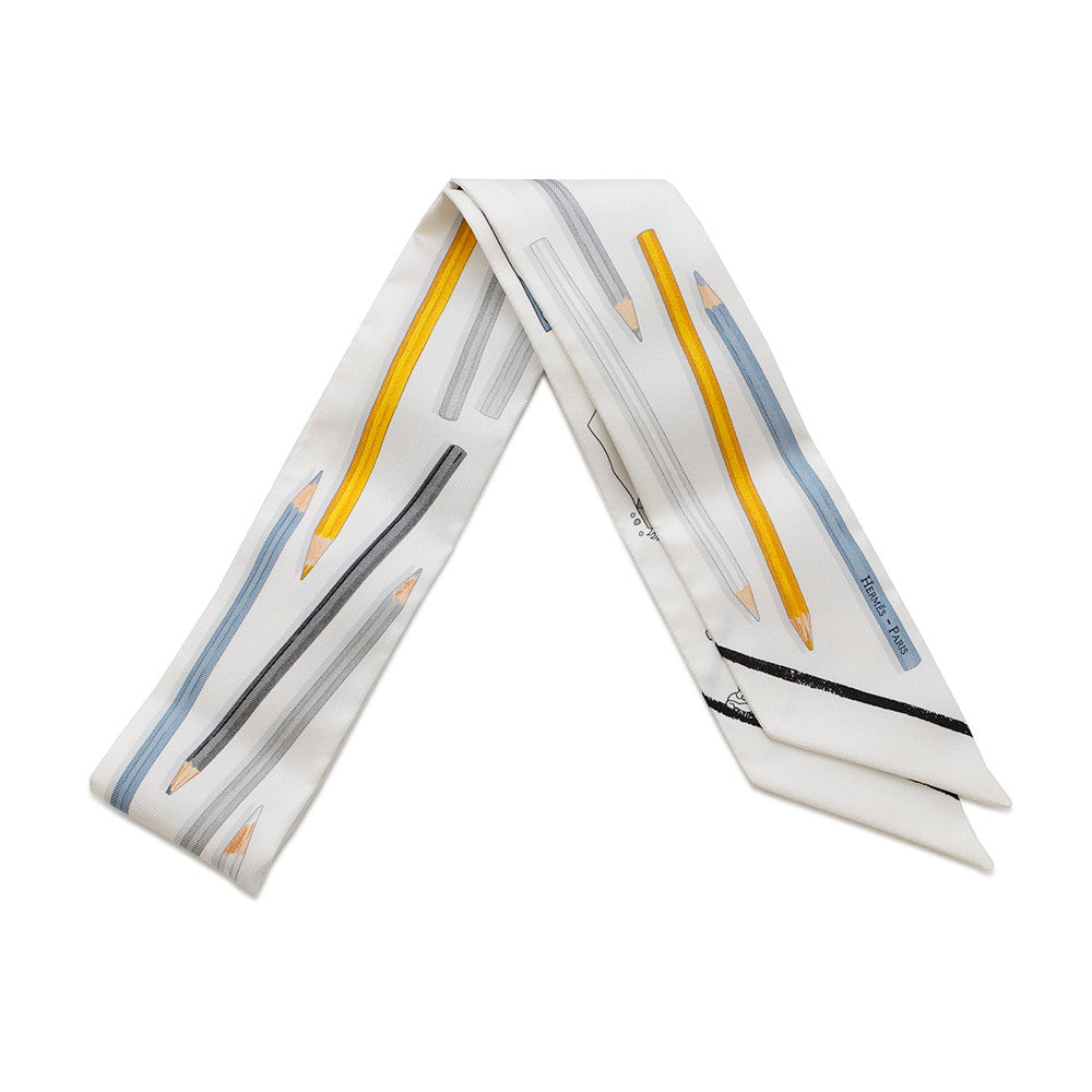 HERMES Twilly: Get out your colored pencils! White/Gray/Blue Jean Silk100%