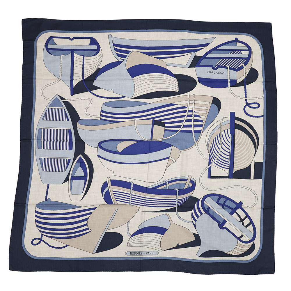 HERMES Giant Square THALASSA Size 140 Marine/Natural/Ciel Cashmere70% Silk30%