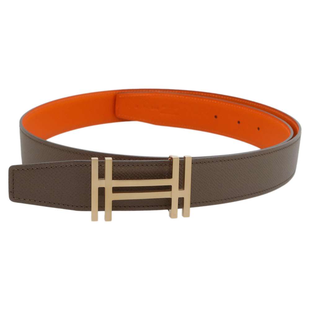 HERMES H.O.Carre reversible belt Size 95 Etain/Orange Epsom