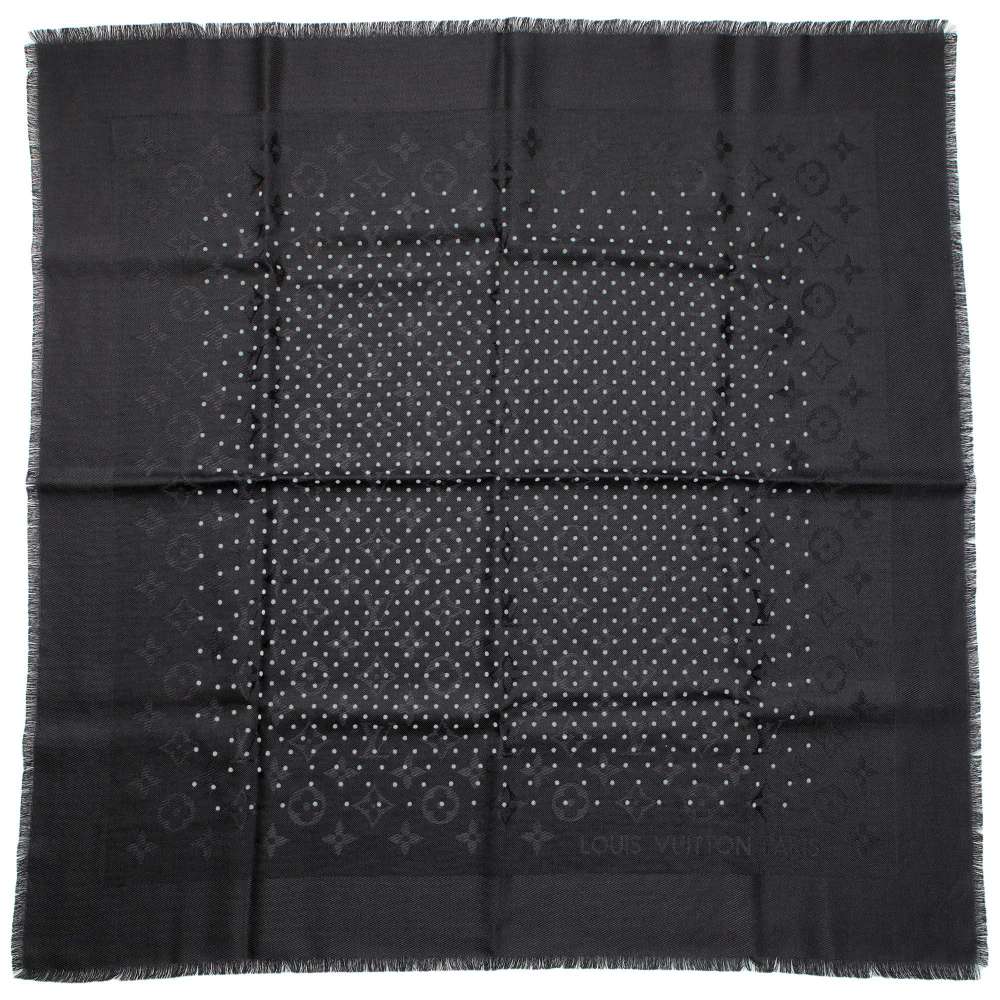 LOUIS VUITTON Fringe Scarf Dot Print Black Silk Wool  Polyamide