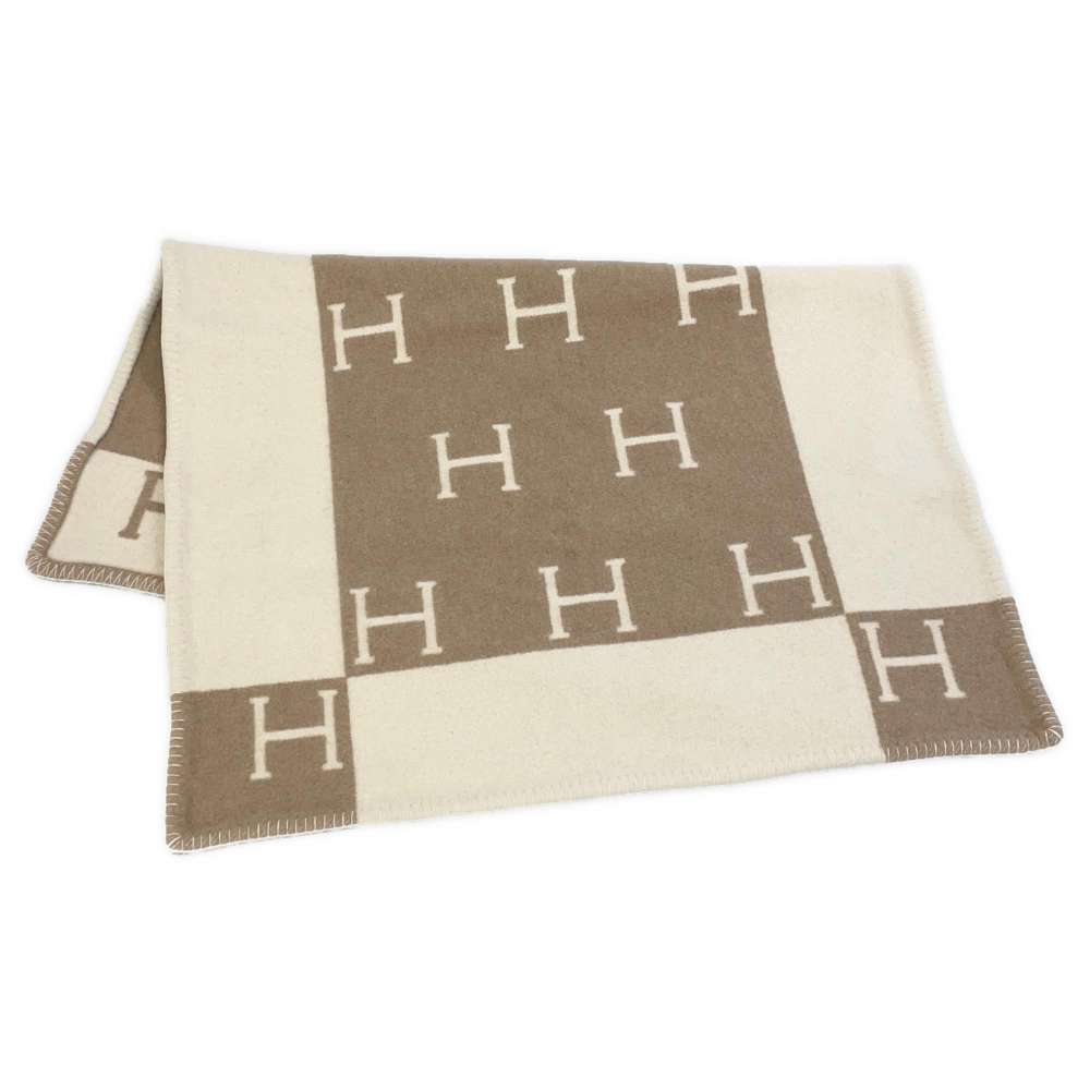 HERMES Blanket Avalon Noisette Moyen/White Wool 90% Cashmere10%