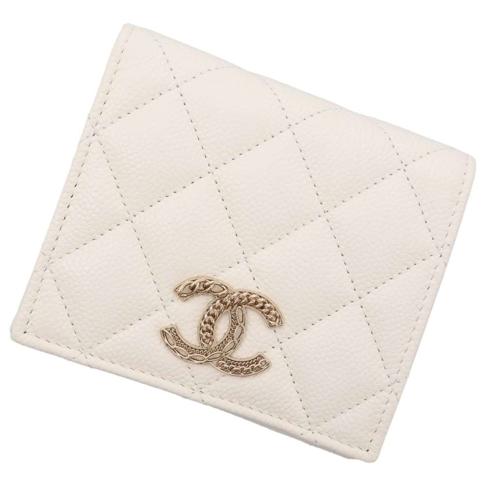 CHANEL Matelasse Bifold Wallet White AP3055 Caviar Leather