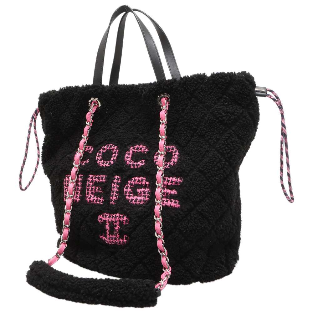 CHANEL CocoNeige Drawstring Bag 2way Tote Bag Black/Pink AS0981 Shearling Sheep Tweed Leather