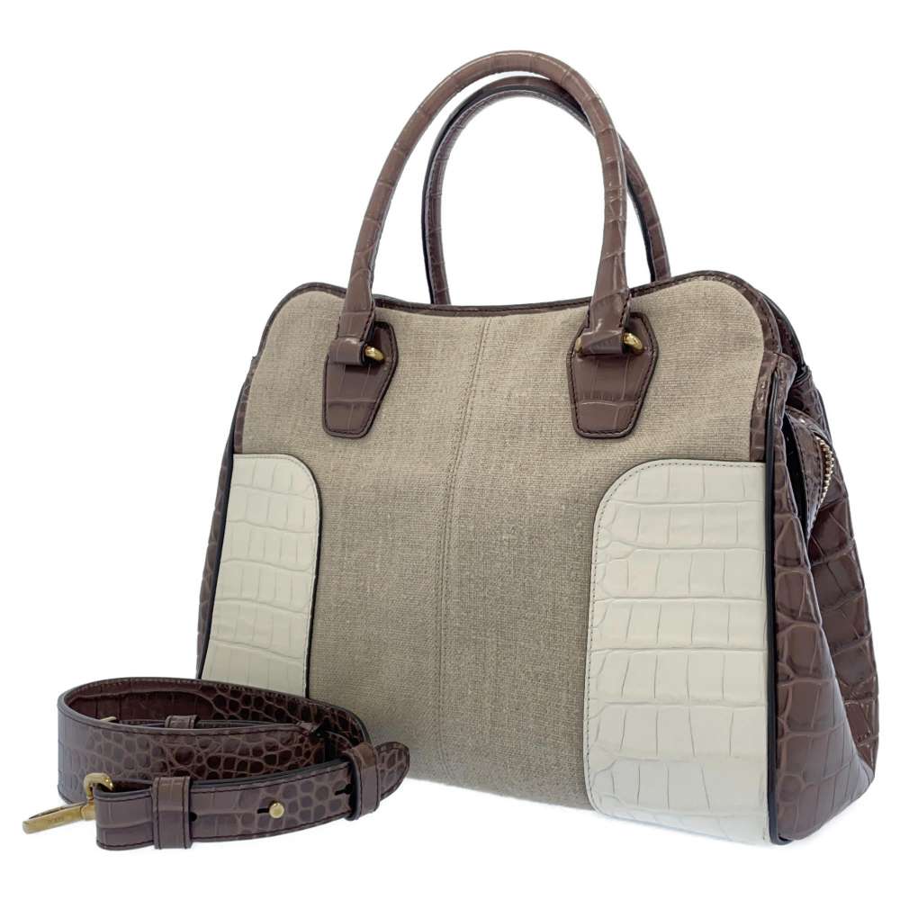 TOD’S 2way Shoulder Bag White/Brown Canvas embossed Leather