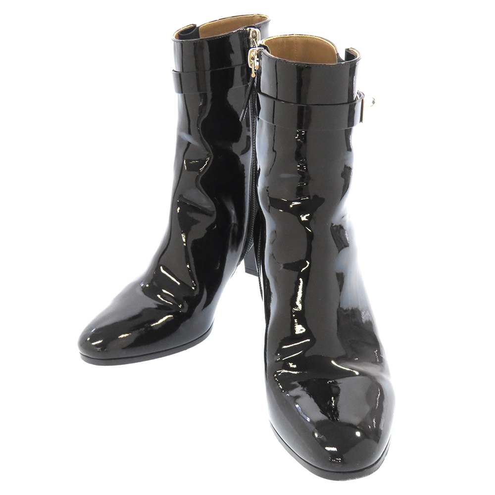 HERMES Boots Saint Germain Size 38.5 Black Enamel