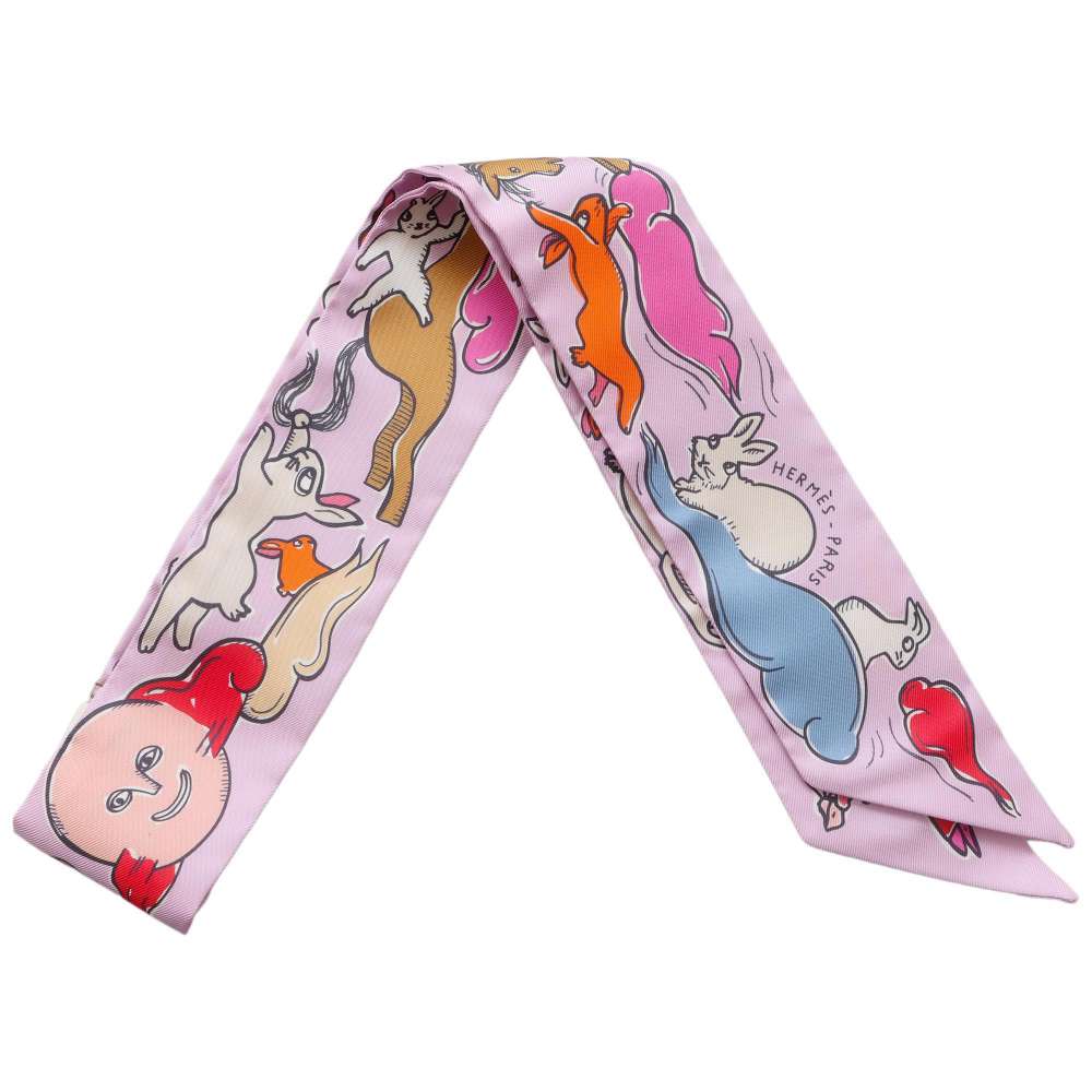 HERMES Twilly Mille et Un Lapins A Thousand and One Rabbits Parme/Rose Vif/Camel Silk100%