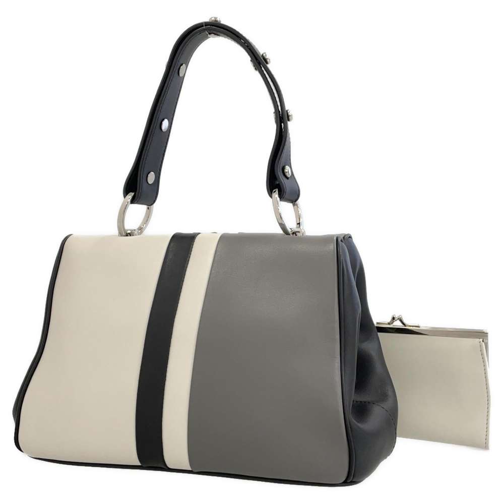 PRADA Handbag White/Gray/Black 1BA036 Calf Leather