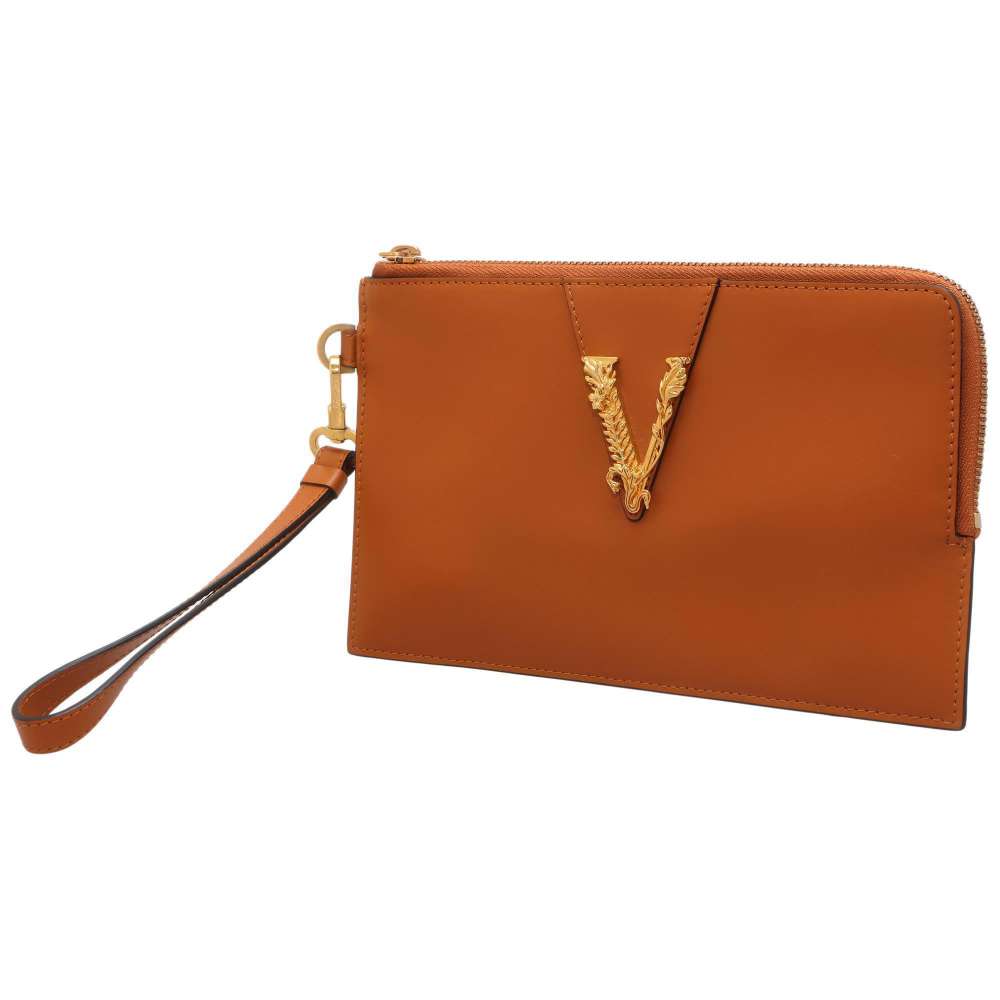 VERSACE Virtus Clutch Bag Brown Leather