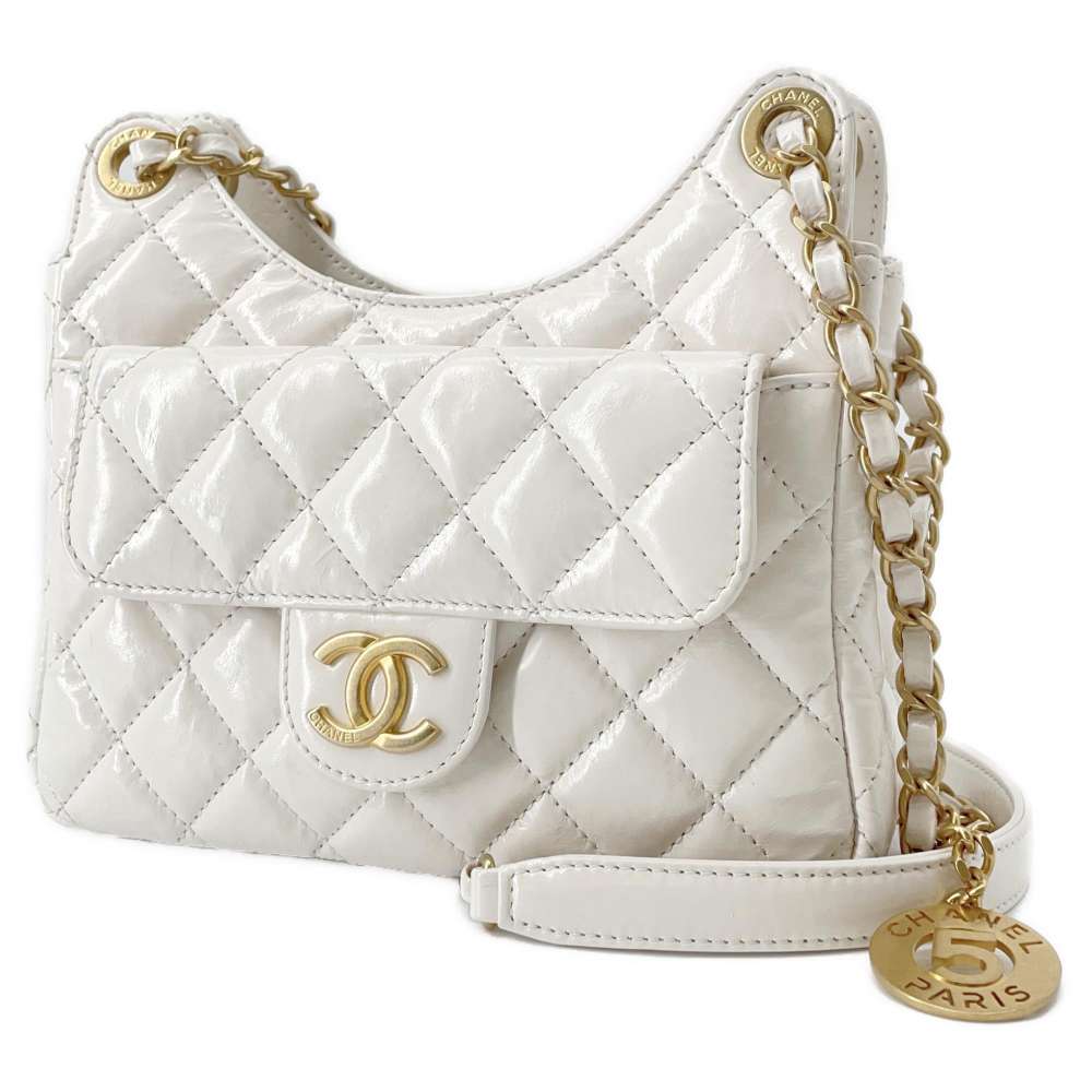 CHANEL Hobo ChainShoulder Bag White AS3710 Shiny Calf Leather Size Small